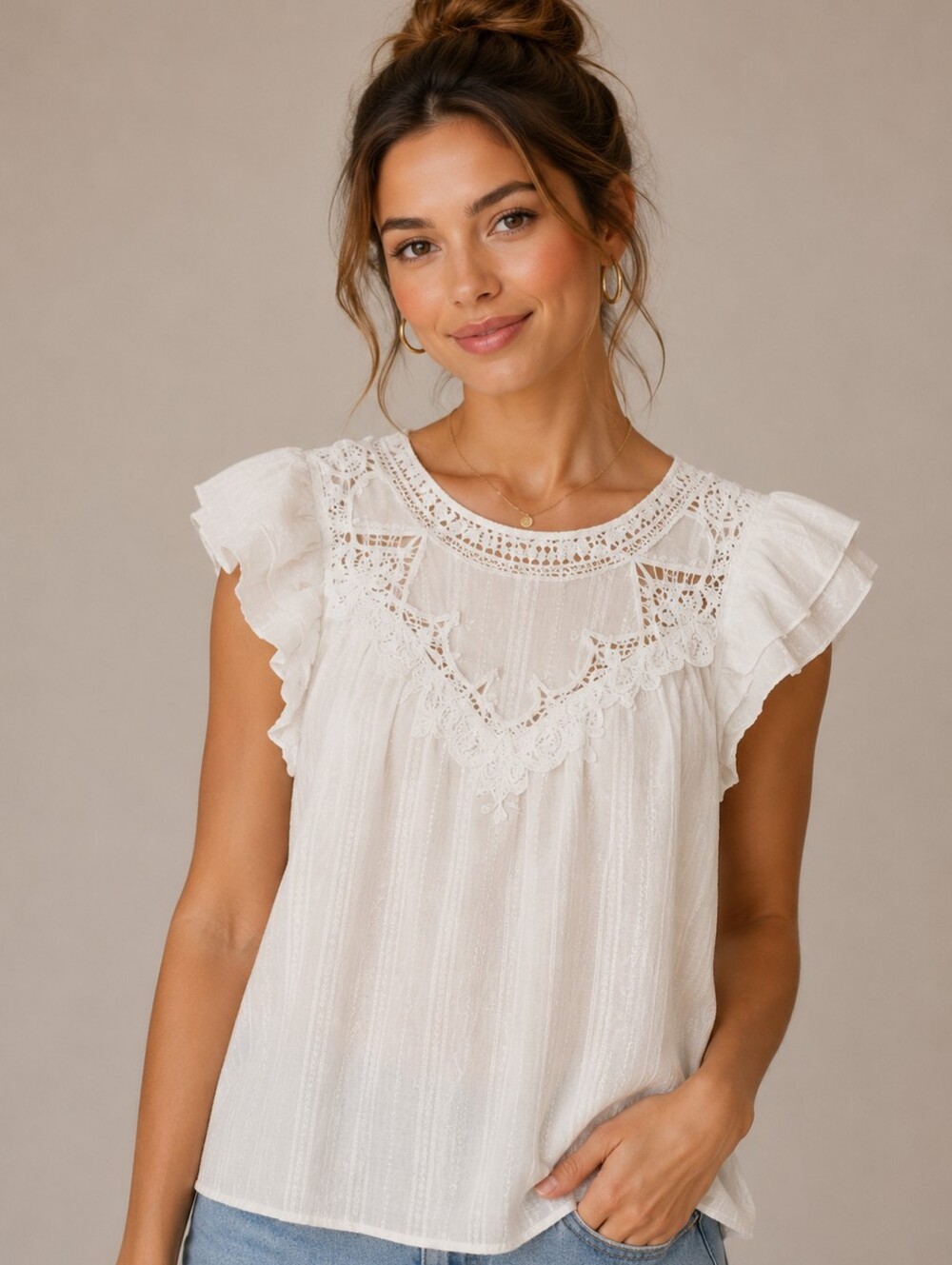 421.Notations Lace Ruffle Sleeve Top - White
